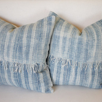 Pair of Faded Blue African Mudcloth Patchwork Pillow Shams with Fringe