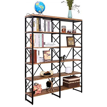 IRONCK Bookshelf Double Wide 6-Tier 76" H, Open Large Bookcase, Industrial Style