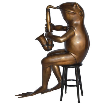 Frog playing saxophone bronze statue - Size: 23"L x 15"W x 30"H.