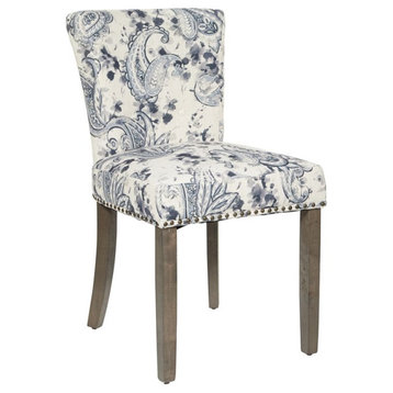 Kendal Dining Chair in Paisley Charcoal Fabric with Nailhead Detail and Wood Leg