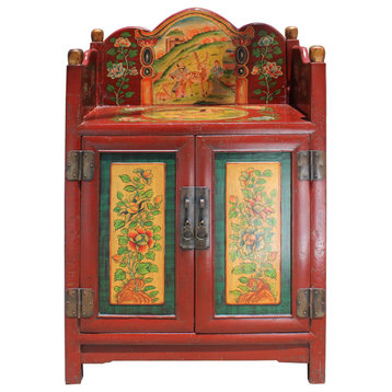 Chinese Tibetan Vintage Floral Animals Graphic Shrine Offer Table Cabinet cs5734