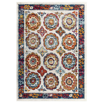 Modway Entourage 94.5x122" Odile Floral Moroccan Trellis Area Rug in Ivory/Red