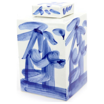 Tea Jar Service Items Vase Brushstroke Lamp Square White Blue Ceramic