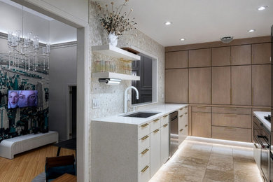 Trendy u-shaped travertine floor and beige floor kitchen photo in Other with an undermount sink, flat-panel cabinets, medium tone wood cabinets, quartz countertops, marble backsplash, stainless steel appliances, white countertops and beige backsplash