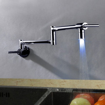 Contemporary Wall Mounted LED Double-Handle Swing Arm Pot Filler Kitchen Faucet
