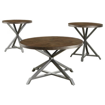 3 Pieces Rustic Coffee Table and End Tables Set, Herringbone Burnished Brown Top