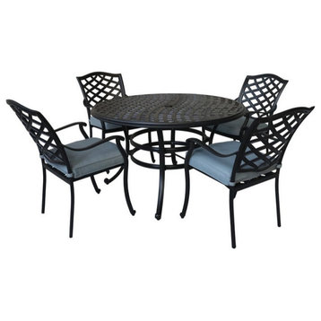 Venice Aluminum 5-Piece Round Dining Set With 4 Arm Chairs, Espresso Brown/Light Blue
