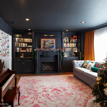 Monochromatic Fireside Elegance: A Radiant Transformation with Built-in Shelving