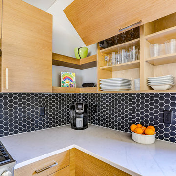 Floating Corner Shelves & Daring Backsplash