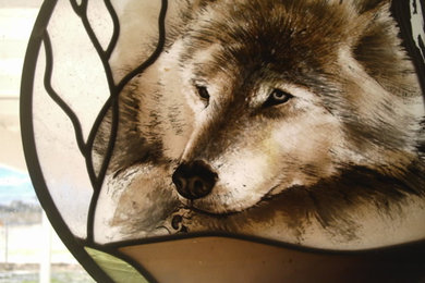 Winter Wolf pictorial painted stained glass, window hanging