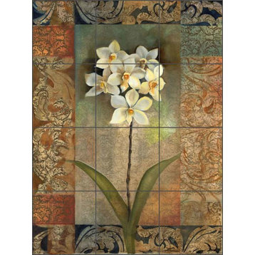 Ceramic Tile Mural Backsplash, Pattern Orchids by Louise Montillio, 12.75"x17"