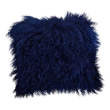 Mongolian Lamb Fur Poly Filled Throw Pillow, Cobalt Blue, 16"x16"