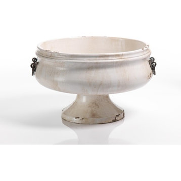 "Corsica" 16" Wide Ceramic Decorative Bowl with Iron Handle, Beige and White