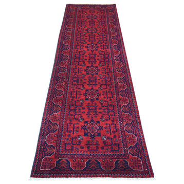 Deep Red Soft and Shiny Wool Hand Knotted Afghan Khamyab Runner Rug, 2'7"x9'5"