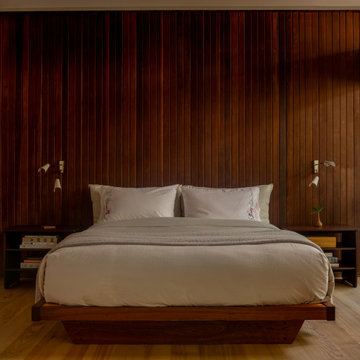 Hollywood Hills Mid-Century Bedroom with Wood Paneling