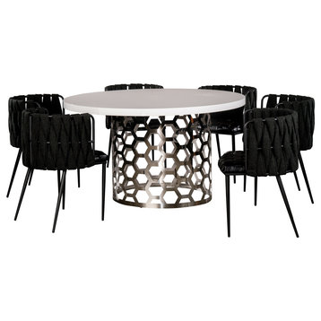 Laguna Silver and White Round 54" Dining Table With 6 Chairs, Black