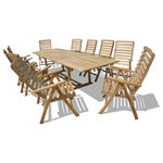 Windsor Teak Furniture - Grade A Teak 118" Ext. Table with 10 Reclining High Back Chairs - The Buckingham 118" Double Leaf Teak Extension Table w/10 Chelsea 5 Position Reclining Arm Chairs comfortably seats 10 people when extended. The table is 78" when closed, 98" with one leaf open , and 118" with both leafs open...giving you 3 different size tables. The table is designed with built-in butterfly pop-up leafs that enables you to open or close the table in 15 seconds. The table also comes with cap covered umbrella hole and a built-in umbrella base. The Chelsea chairs are one of our most comfortable and versatile chairs.... with a 41" high back and a generously wide 24" seat. Upright the chairs are perfect for dining or reading...and reclines in 5 different positions for relaxation...add a foot stool and the chairs can double as a lounger away from the table!....It'll be everyone's favorite chair. Folds easily for storage too.  Some assembly on table only. Shipped via truck.