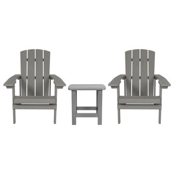 All-Weather Poly Resin Wood Adirondack Chairs With Side Table, Set of 2, Gray
