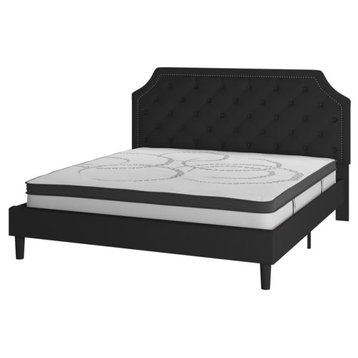 Roxbury Upholstered Platform Bed -10 Inch Foam & Pocket Spring Mattress, Black With Nail Trim, King