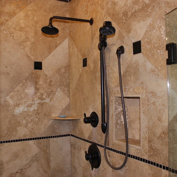 Master Bathroom Travertine, Pebble and Glass