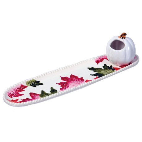 Falling Leaves Cracker Tray with White Pumpkin Shaped Toothpick Holder Set