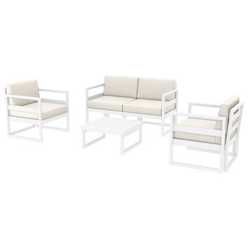 Mykonos 4 Person Lounge Set White With Acrylic Fabric Natural Cushion