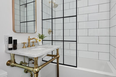 Design ideas for a transitional 3/4 bathroom in New York with a corner tub, a shower/bathtub combo, white tile, white walls, an undermount sink, black floor, an open shower and white benchtops.