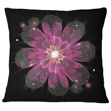 Shiny Light Pink Fractal Flower on Black Floral Throw Pillow, 16"x16"