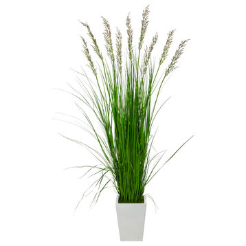 75" Grass Artificial Plant, White Metal Planter