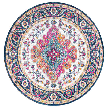Bohemian FLAIR Boho Vintage Medallion Area Rug, Blue/Multi, 7'10" Round