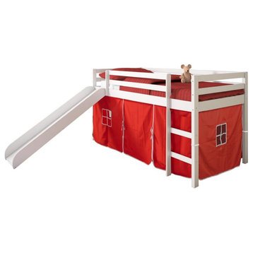 Donco Kids Twin Solid Wood Mission Low Loft Bed with Red Tent in White
