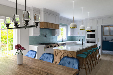 Example of a minimalist u-shaped light wood floor and brown floor kitchen design in Other with an undermount sink, shaker cabinets, white cabinets, quartzite countertops, blue backsplash, porcelain backsplash, stainless steel appliances and white countertops