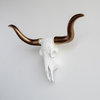 Faux Large Carved Texas Longhorn Skull Wall Decor, White and Bronze