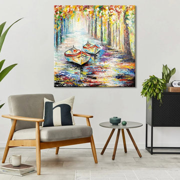 Framed colorful modern wall art with boats "Autumn Berth"