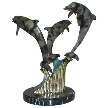 Three Dolphins Table Base Bronze Statue -  Size: 20"L x 20"W x 21"H.