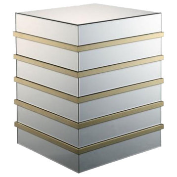 Contemporary Square End Table, Elegant Mirrored Design With Golden Accents
