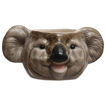 7.75 Inches Round Ceramic Koala Head Planter, Holds 5 Inches Pot, Grey and Black