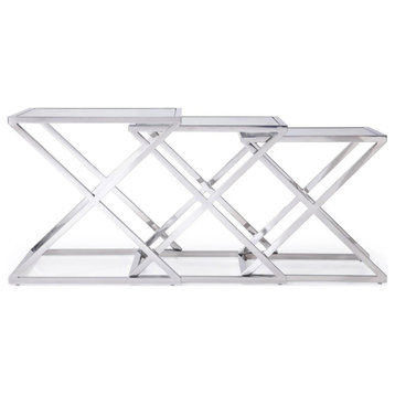 Modern Zafiro Nesting Side Tables Clear Glass Polished Stainless Steel Base