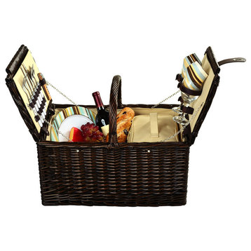 Surrey Picnic Basket For Two, Brown Wicker and Sc Stripe