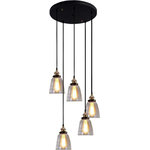 homeroots lighting - Lori 5-Light Adjustable Cord Edison Lamp With Bulbs - Impress guests and give your space a designer touch with this Lori light fixture. This stunning chandelier features an antique black finish and five Edison bulbs paired with sleek, clear glass shades for an industrial appeal. Staggered bulbs create a contemporary look to update the look of your home.The Lori lighting piece is ideal for dining rooms, foyers or anywhere else where you need just the right amount of illumination. An adjustable cord makes hanging the lamp easy, and five included 60-watt bulbs allow you to enjoy the piece straight out of the box.Designed for indoor useFeatures an antique black finish paired with durable metal and glass for a beautiful lookFive lights for ample illuminationRequires five 60-watt ST64 bulbs, which are included for convenienceShade dimensions measure 6"H x 5.5"W x 5.5"DOverall height of the fixture is 35"Assembly required.This fixture does need to be hard wired. Professional installation is recommended.