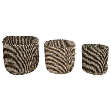 Set of 3 Striped Beige and Black Woven Seagrass Storage Baskets 14"