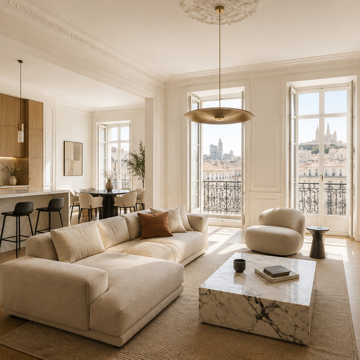 Appartement haut de gamme rénové à Marseille avec cuisine ouverte contemporaine, salon lumineux et architecture d’intérieur sur mesure.