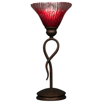 Leaf Mini Table Lamp In Bronze, 7" Raspberry Crystal Glass