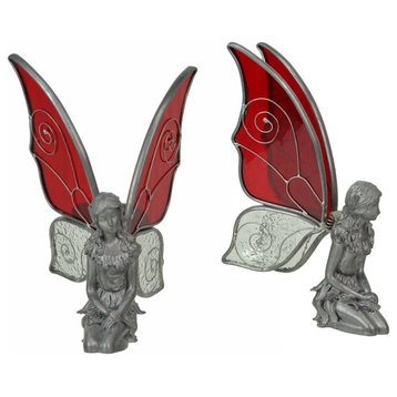 Set of 2 Kneeling Fairies Pewter Figurines Decor Sculptures Mythical Accessorie