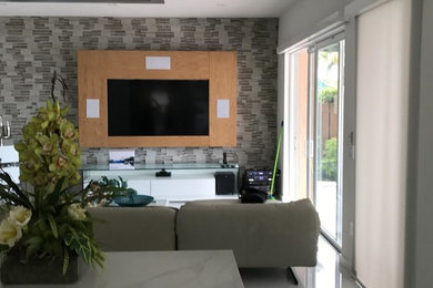 Example of a mid-sized transitional open concept family room design in Miami with multicolored walls and a wall-mounted tv