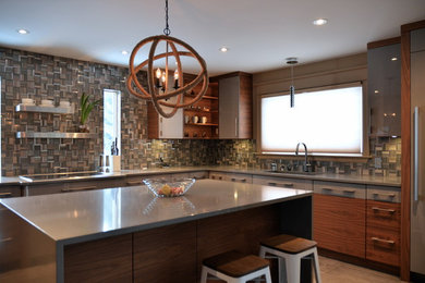 Inspiration for a large contemporary separate kitchen in Ottawa with an undermount sink, flat-panel cabinets, medium wood cabinets, quartz benchtops, grey splashback, glass tile splashback, stainless steel appliances, porcelain floors, with island and beige floor.