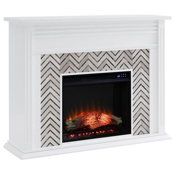 Bowery Hill Contemporary Wood-Tiled Marble Electric Fireplace in White
