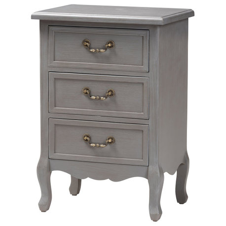 French Country Nightstand, Cabriole Legs & 3 Drawers With Unique Pulls, Gray