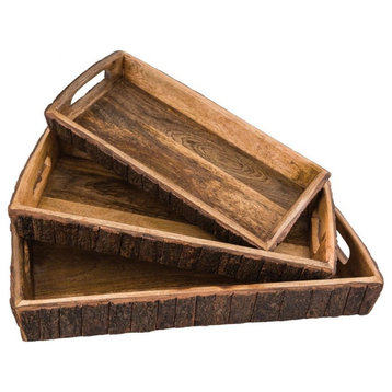 Natural Wood Carved Trays Set Of 3 In Natural - Serving Standard Handles