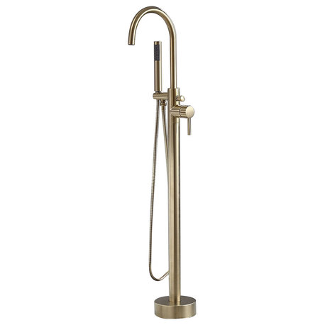 Freestanding Single Handle Tub Filler Faucet with Hand Shower, Brushed Gold